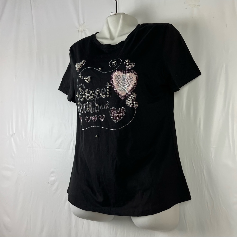 Women's Rhinestone Fitted short sleeve stretch black blouse size large - Picture 2 of 11